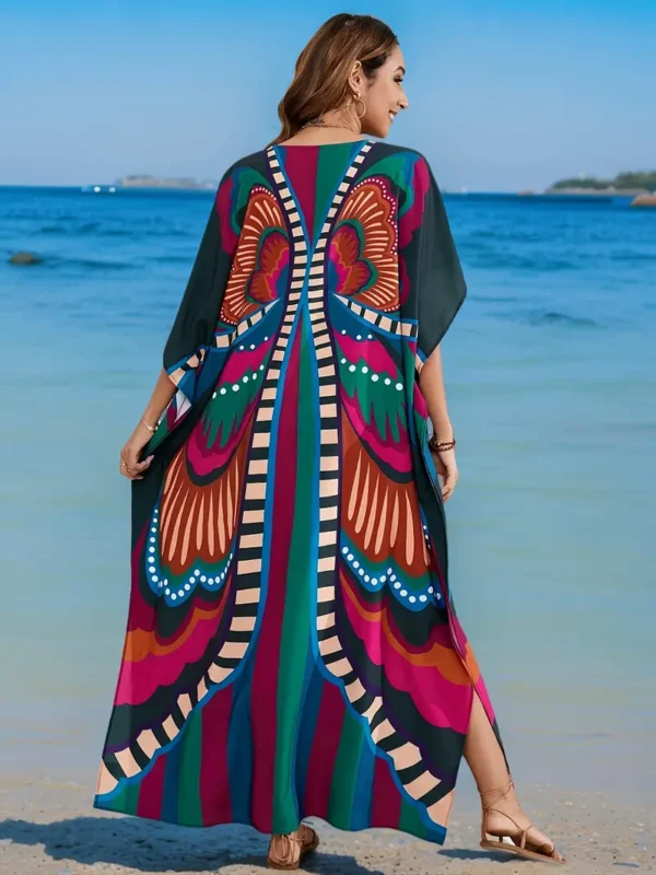 Vibrantly Butterfly Printed V-Neck Mu Mu Kaftan Dress - Image 4