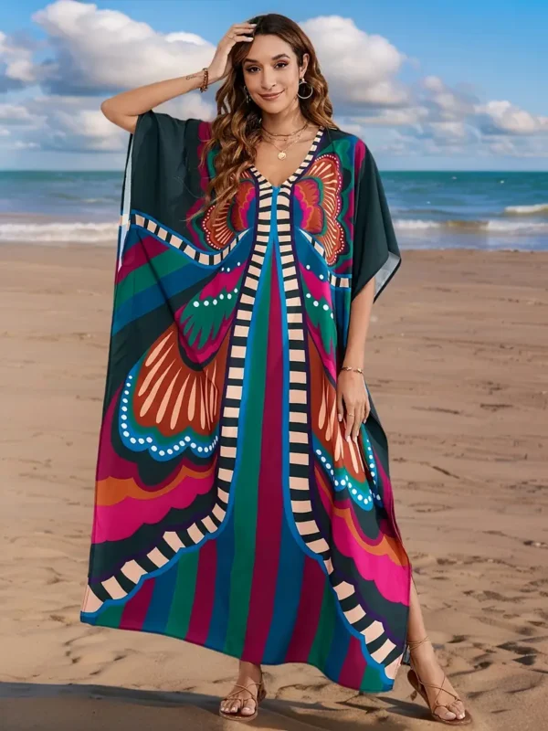 Vibrantly Butterfly Printed V-Neck Mu Mu Kaftan Dress - Image 5