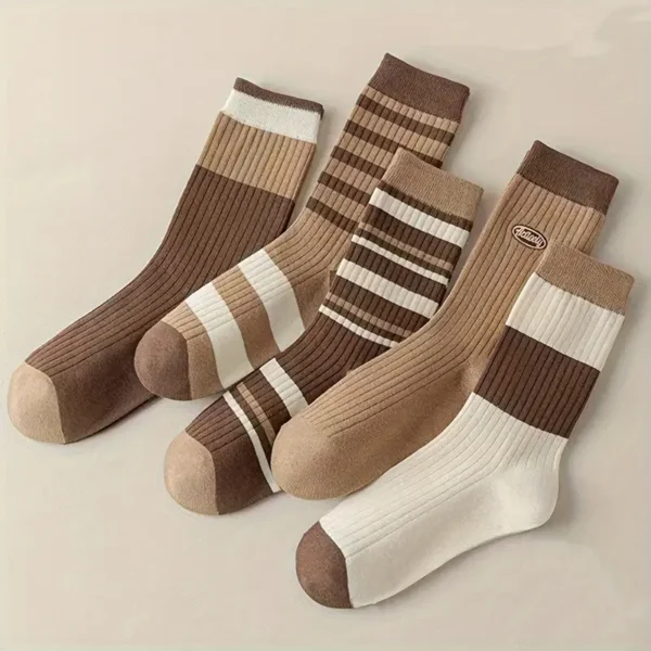 Brown Variety Striped Mid Calf Socks 5pc Set - Image 7