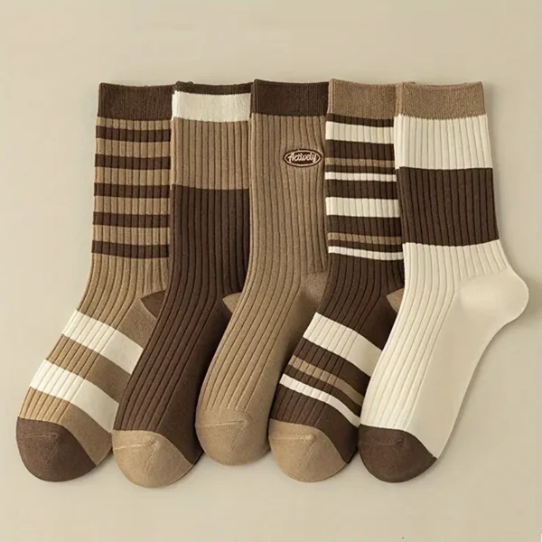 Brown Variety Striped Mid Calf Socks 5pc Set - Image 8