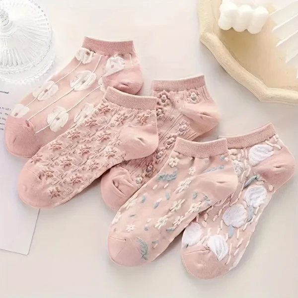 Embroidered Floral Old Rose Pink Socks 5pc Set - Image 13