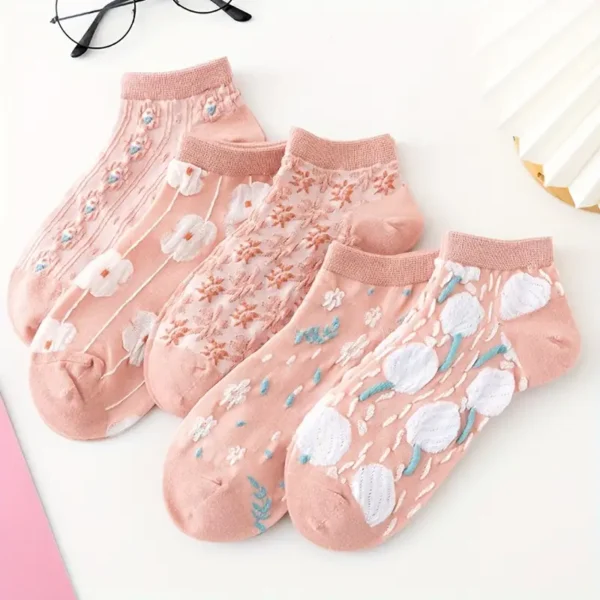 Embroidered Floral Old Rose Pink Socks 5pc Set - Image 12