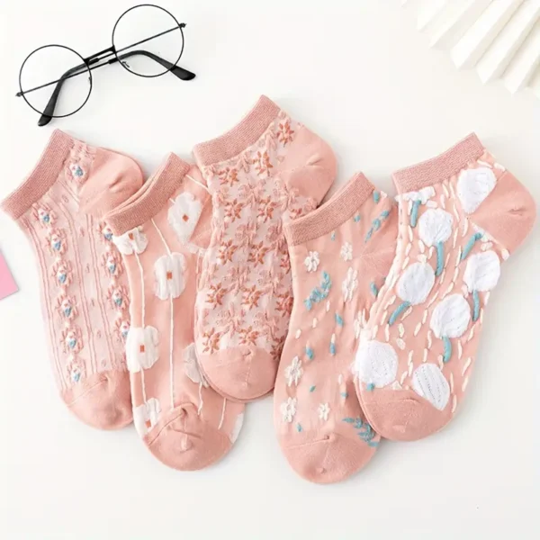 Embroidered Floral Old Rose Pink Socks 5pc Set - Image 11