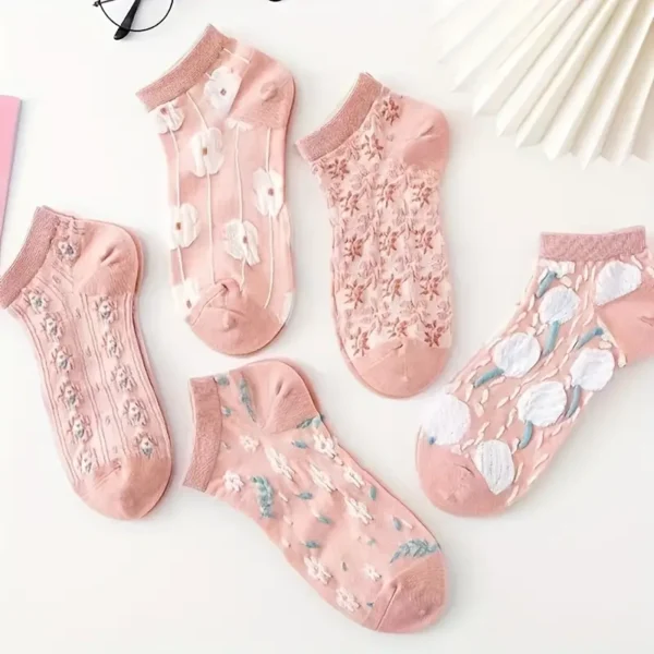 Embroidered Floral Old Rose Pink Socks 5pc Set - Image 10