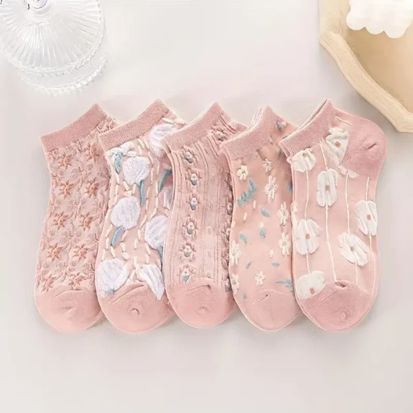 Embroidered Floral Old Rose Pink Socks 5pc Set - Image 7