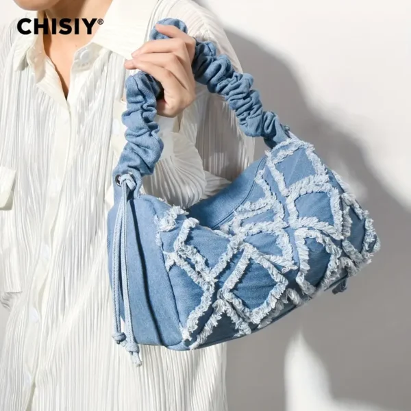 The Wow Factor Drawstring Strap Chisiy Textured Denim Bag - Image 2