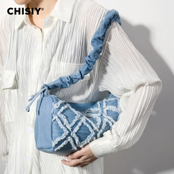 The Wow Factor Drawstring Strap Chisiy Textured Denim Bag - Image 6