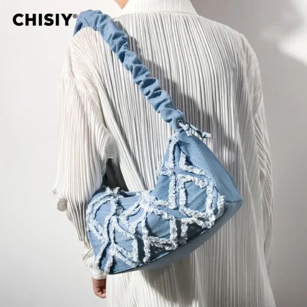 The Wow Factor Drawstring Strap Chisiy Textured Denim Bag - Image 4