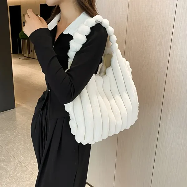 White Plush Striped Fur Tote Bag