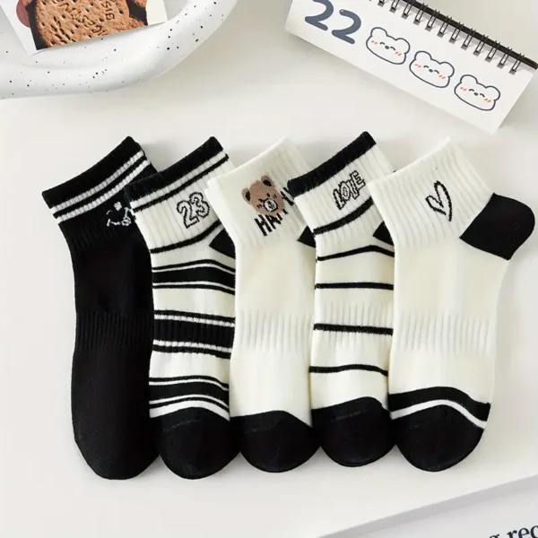 Black & White Striped Character Print Ankle Socks 5pc Set