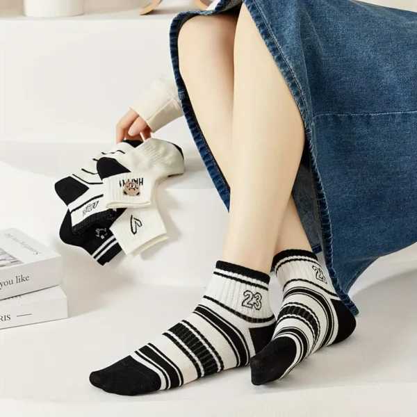 Black & White Striped Character Print Ankle Socks 5pc Set - Image 2