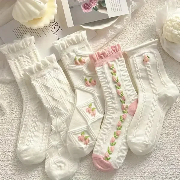 White & Pink Floral Textured Crew Socks 5pc Set - Image 5