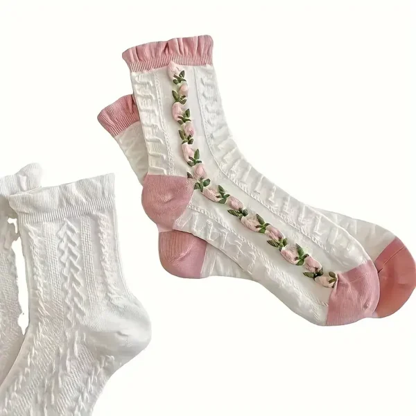 White & Pink Floral Textured Crew Socks 5pc Set - Image 2