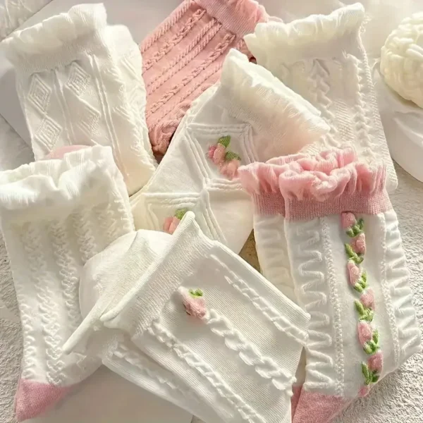 White & Pink Floral Textured Crew Socks 5pc Set